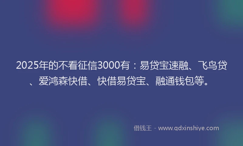 2025年的不看征信3000有：易贷宝速融、飞鸟贷、爱鸿森快借、快借易贷宝、融通钱包等。