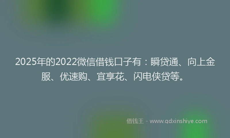 2025年的2022微信借钱口子有：瞬贷通、向上金服、优速购、宜享花、闪电侠贷等。