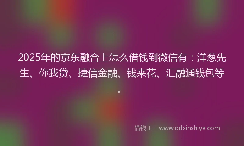 2025年的京东融合上怎么借钱到微信有：洋葱先生、你我贷、捷信金融、钱来花、汇融通钱包等。