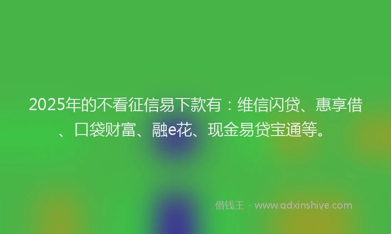 2025年的不看征信易下款有：维信闪贷、惠享借、口袋财富、融e花、现金易贷宝通等。