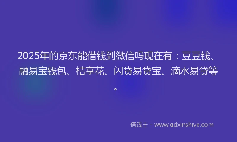 2025年的京东能借钱到微信吗现在有：豆豆钱、融易宝钱包、桔享花、闪贷易贷宝、滴水易贷等。