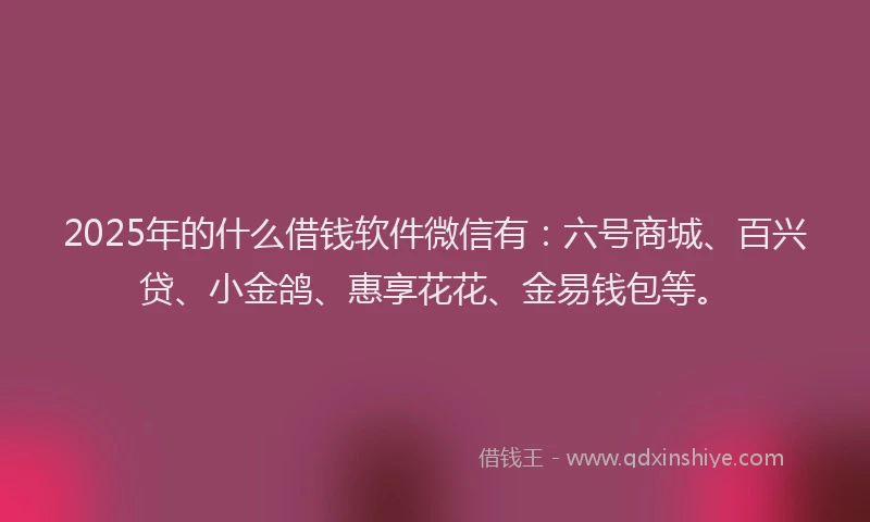 2025年的什么借钱软件微信有：六号商城、百兴贷、小金鸽、惠享花花、金易钱包等。