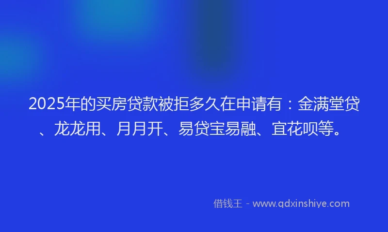 2025年的买房贷款被拒多久在申请有:金满堂贷、龙龙用、月月开、易贷宝易融、宜花呗等。
