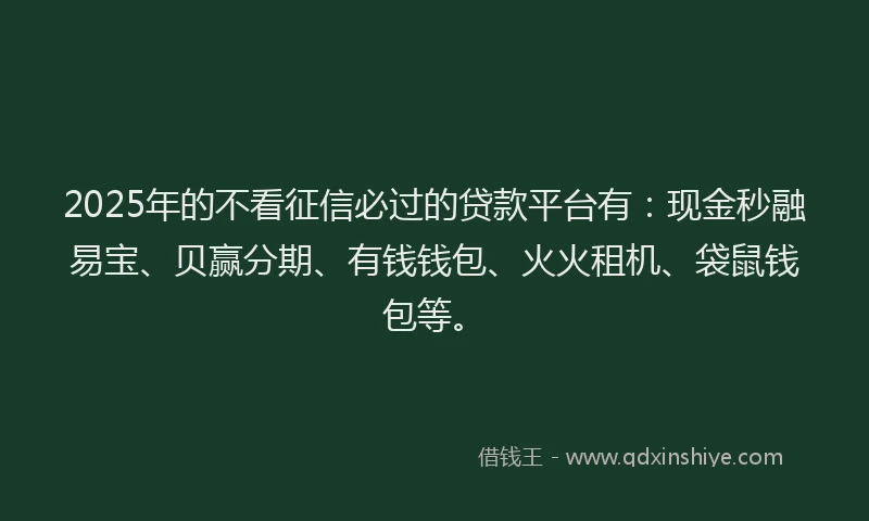 2025年的不看征信必过的贷款平台有：现金秒融易宝、贝赢分期、有钱钱包、火火租机、袋鼠钱包等。