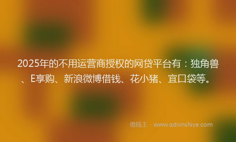 2025年的不用运营商授权的网贷平台有：独角兽、E享购、新浪微博借钱、花小猪、宜口袋等。