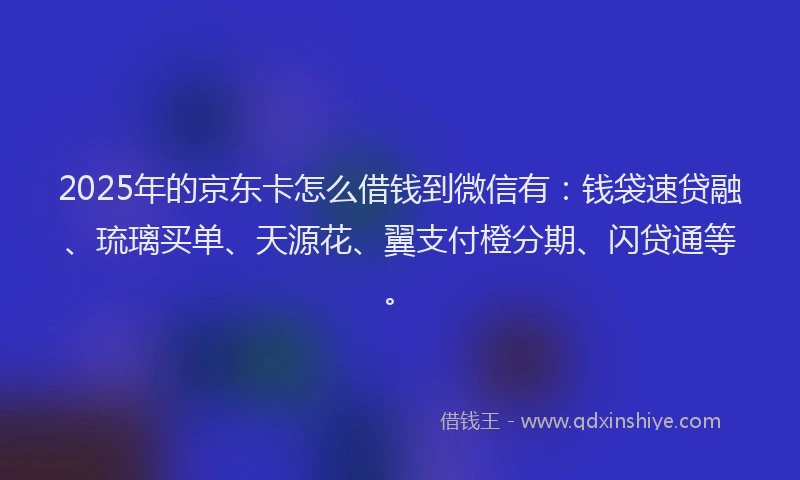 2025年的京东卡怎么借钱到微信有：钱袋速贷融、琉璃买单、天源花、翼支付橙分期、闪贷通等。