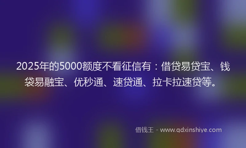 2025年的5000额度不看征信有：借贷易贷宝、钱袋易融宝、优秒通、速贷通、拉卡拉速贷等。