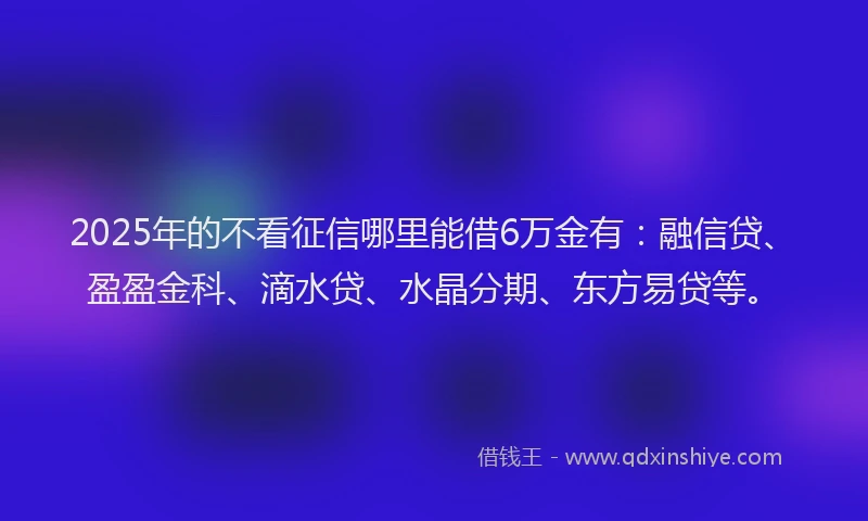 2025年的不看征信哪里能借6万金有：融信贷、盈盈金科、滴水贷、水晶分期、东方易贷等。