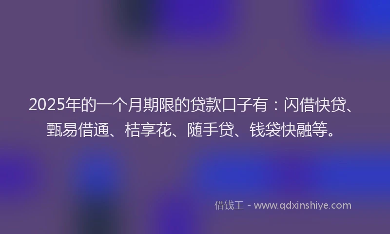 2025年的一个月期限的贷款口子有：闪借快贷、甄易借通、桔享花、随手贷、钱袋快融等。