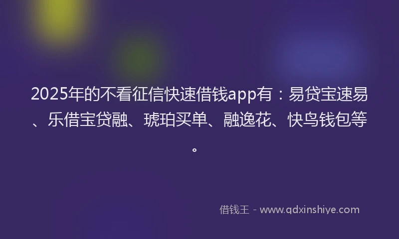 2025年的不看征信快速借钱app有:易贷宝速易、乐借宝贷融、琥珀买单、融逸花、快鸟钱包等。