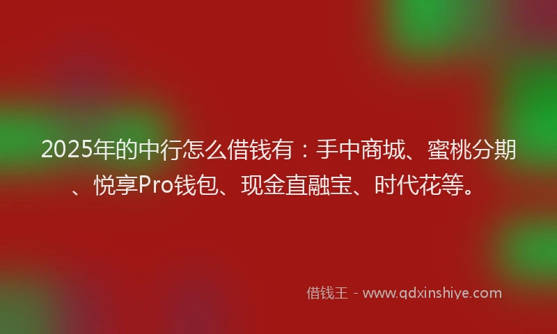 2025年的中行怎么借钱有：手中商城、蜜桃分期、悦享Pro钱包、现金直融宝、时代花等。
