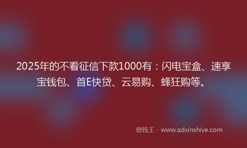 2025年的不看征信下款1000有：闪电宝盒、速享宝钱包、首E快贷、云易购、蜂狂购等。