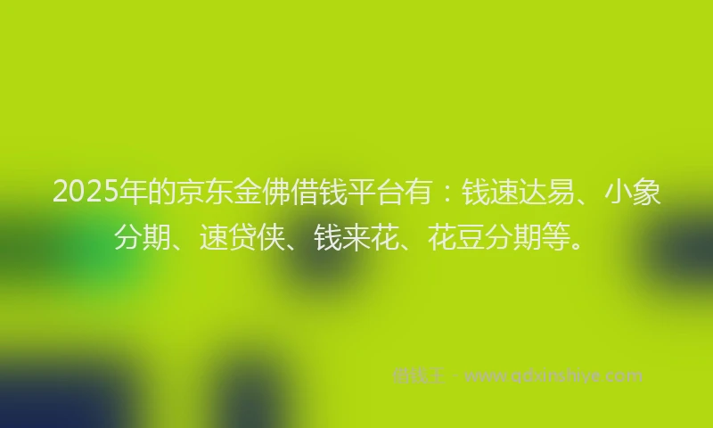 2025年的京东金佛借钱平台有：钱速达易、小象分期、速贷侠、钱来花、花豆分期等。