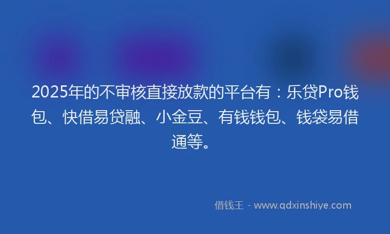2025年的不审核直接放款的平台有：乐贷Pro钱包、快借易贷融、小金豆、有钱钱包、钱袋易借通等。
