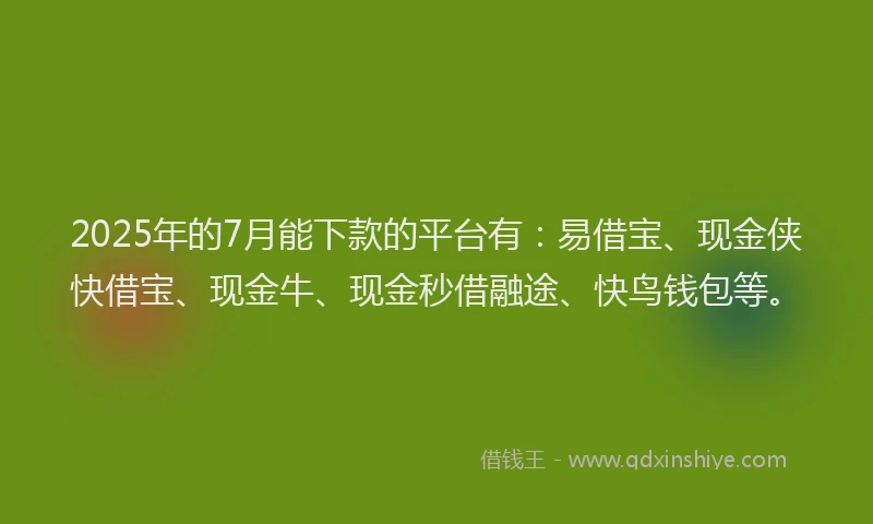 2025年的7月能下款的平台有：易借宝、现金侠快借宝、现金牛、现金秒借融途、快鸟钱包等。