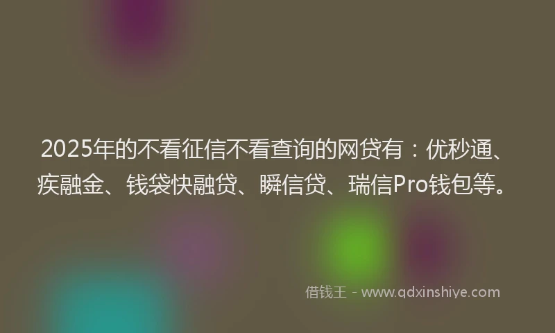 2025年的不看征信不看查询的网贷有：优秒通、疾融金、钱袋快融贷、瞬信贷、瑞信Pro钱包等。