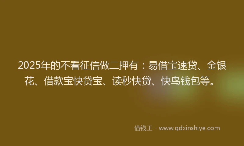 2025年的不看征信做二押有：易借宝速贷、金银花、借款宝快贷宝、读秒快贷、快鸟钱包等。