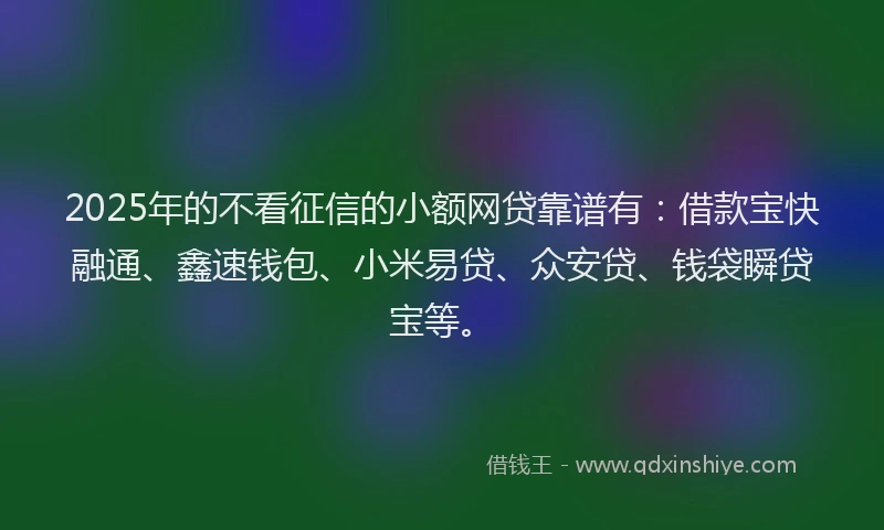 2025年的不看征信的小额网贷靠谱有：借款宝快融通、鑫速钱包、小米易贷、众安贷、钱袋瞬贷宝等。