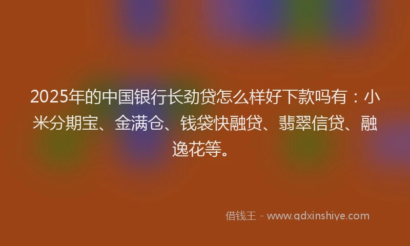 2025年的中国银行长劲贷怎么样好下款吗有：小米分期宝、金满仓、钱袋快融贷、翡翠信贷、融逸花等。