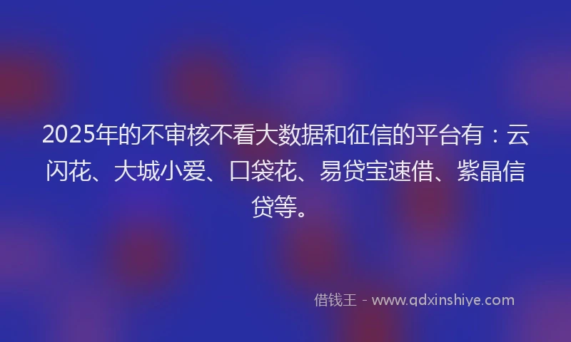 2025年的不审核不看大数据和征信的平台有：云闪花、大城小爱、口袋花、易贷宝速借、紫晶信贷等。