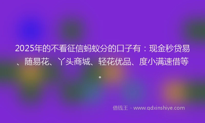 2025年的不看征信蚂蚁分的口子有：现金秒贷易、随易花、丫头商城、轻花优品、度小满速借等。