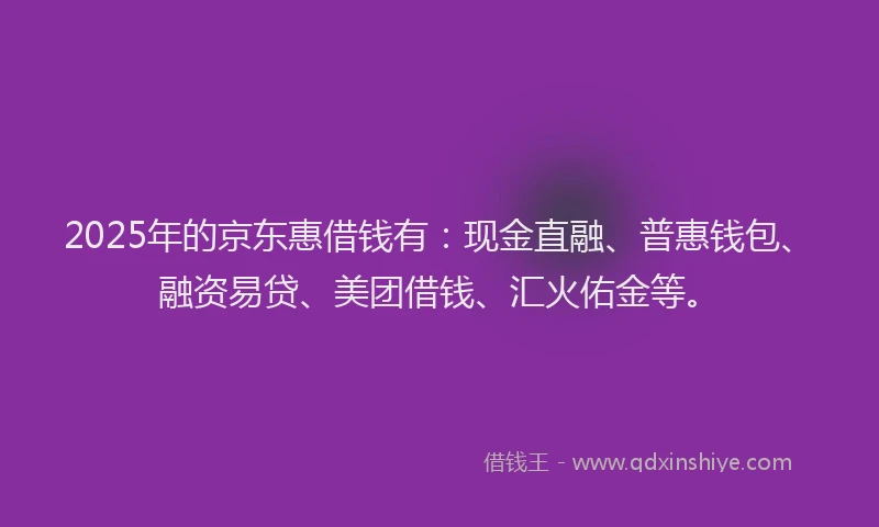 2025年的京东惠借钱有：现金直融、普惠钱包、融资易贷、美团借钱、汇火佑金等。