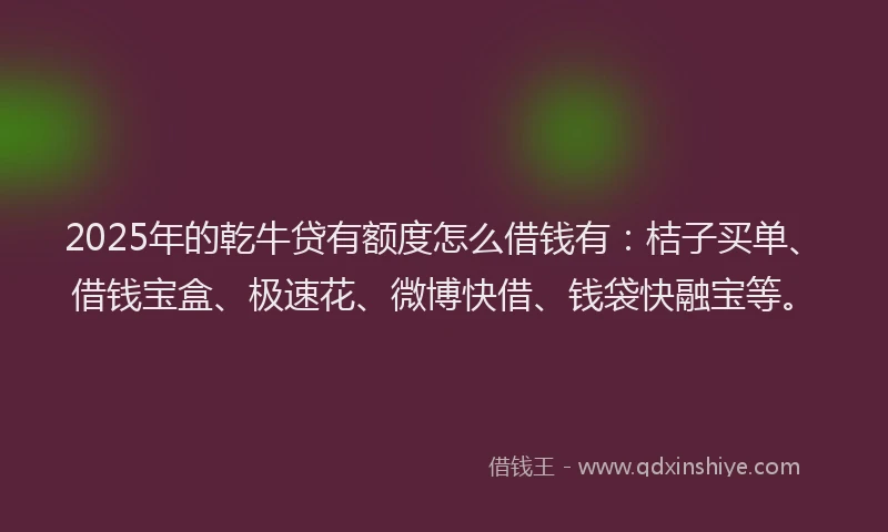 2025年的乾牛贷有额度怎么借钱有：桔子买单、借钱宝盒、极速花、微博快借、钱袋快融宝等。