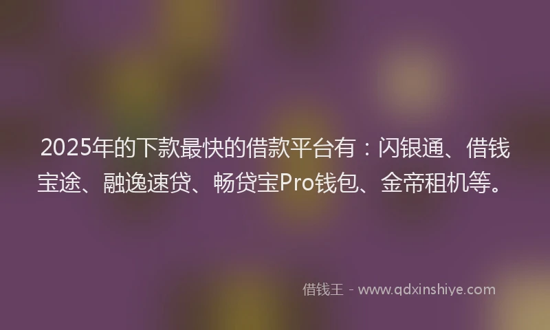 2025年的下款最快的借款平台有：闪银通、借钱宝途、融逸速贷、畅贷宝Pro钱包、金帝租机等。