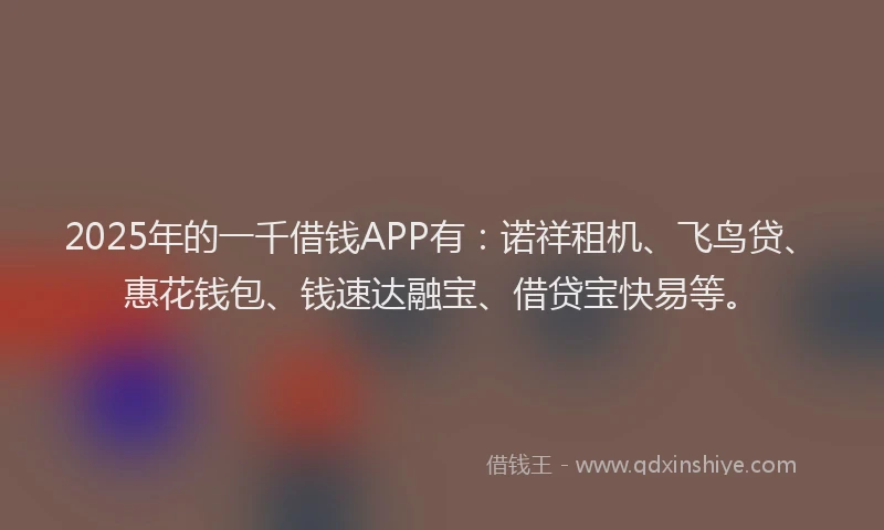 2025年的一千借钱APP有：诺祥租机、飞鸟贷、惠花钱包、钱速达融宝、借贷宝快易等。