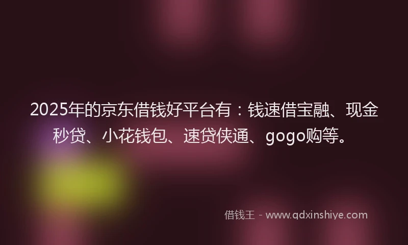 2025年的京东借钱好平台有：钱速借宝融、现金秒贷、小花钱包、速贷侠通、gogo购等。