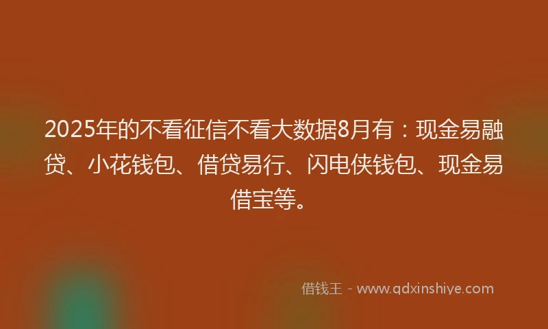 2025年的不看征信不看大数据8月有：现金易融贷、小花钱包、借贷易行、闪电侠钱包、现金易借宝等。
