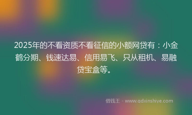 2025年的不看资质不看征信的小额网贷有：小金鹤分期、钱速达易、信用易飞、只从租机、易融贷宝盒等。