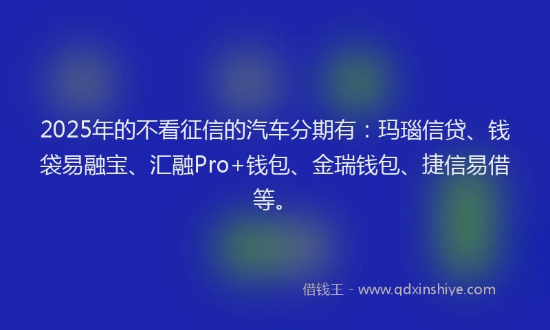 2025年的不看征信的汽车分期有：玛瑙信贷、钱袋易融宝、汇融Pro+钱包、金瑞钱包、捷信易借等。
