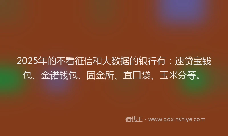 2025年的不看征信和大数据的银行有：速贷宝钱包、金诺钱包、固金所、宜口袋、玉米分等。