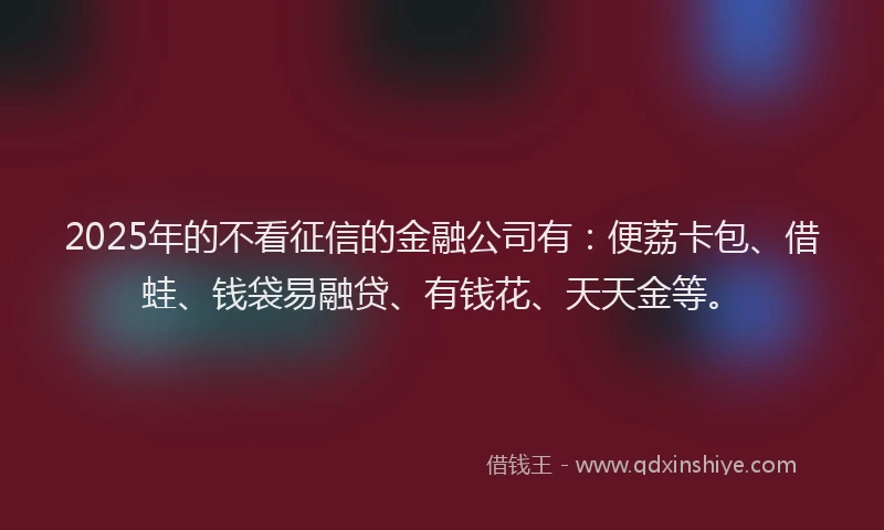 2025年的不看征信的金融公司有：便荔卡包、借蛙、钱袋易融贷、有钱花、天天金等。