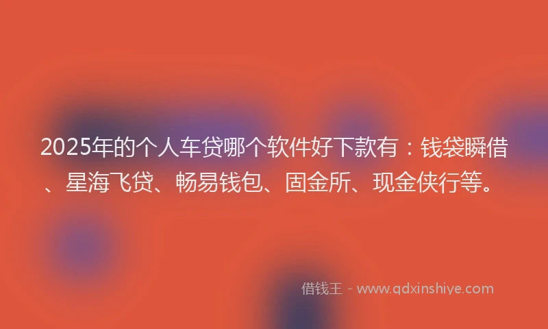 2025年的个人车贷哪个软件好下款有：钱袋瞬借、星海飞贷、畅易钱包、固金所、现金侠行等。