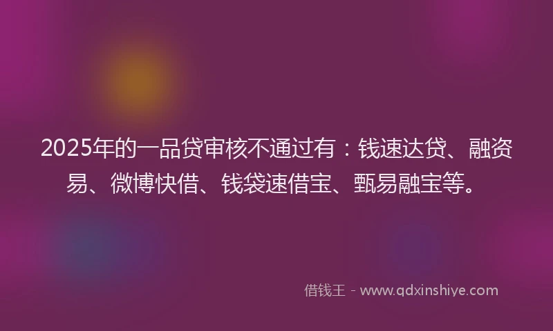 2025年的一品贷审核不通过有：钱速达贷、融资易、微博快借、钱袋速借宝、甄易融宝等。
