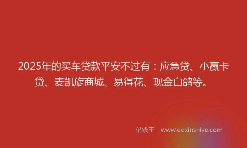 2025年的买车贷款平安不过有：应急贷、小赢卡贷、麦凯旋商城、易得花、现金白鸽等。