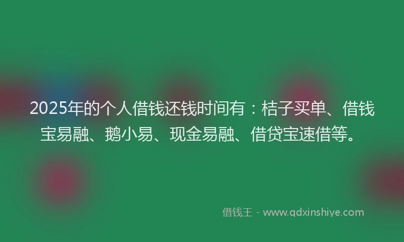 2025年的个人借钱还钱时间有：桔子买单、借钱宝易融、鹅小易、现金易融、借贷宝速借等。