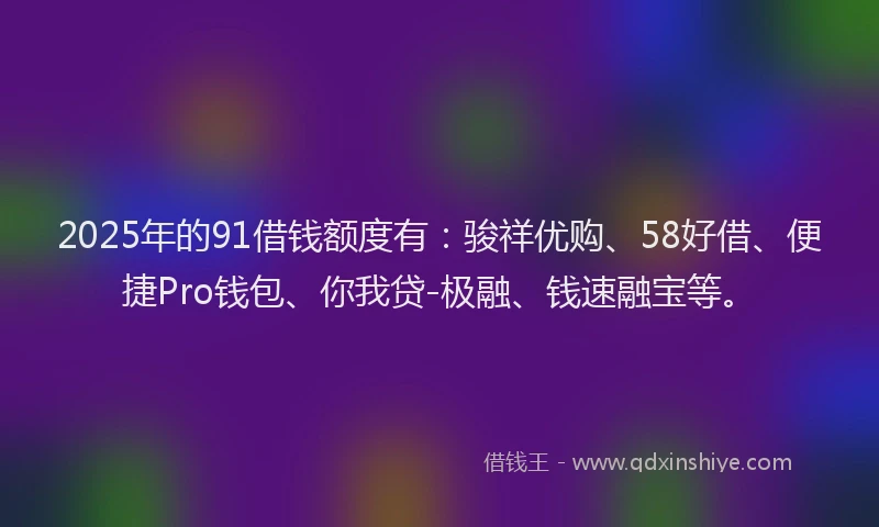 2025年的91借钱额度有：骏祥优购、58好借、便捷Pro钱包、你我贷-极融、钱速融宝等。