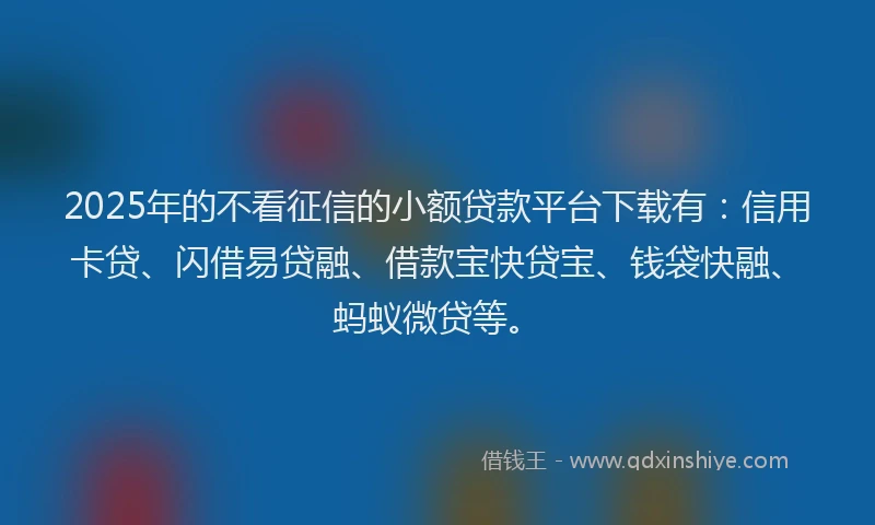 2025年的不看征信的小额贷款平台下载有：信用卡贷、闪借易贷融、借款宝快贷宝、钱袋快融、蚂蚁微贷等。