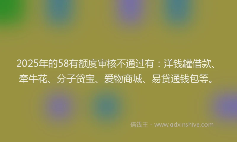 2025年的58有额度审核不通过有：洋钱罐借款、牵牛花、分子贷宝、爱物商城、易贷通钱包等。