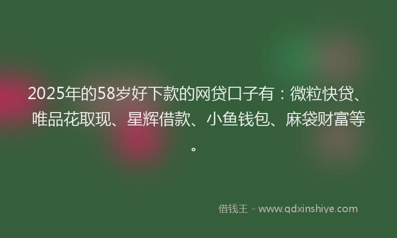 2025年的58岁好下款的网贷口子有：微粒快贷、唯品花取现、星辉借款、小鱼钱包、麻袋财富等。