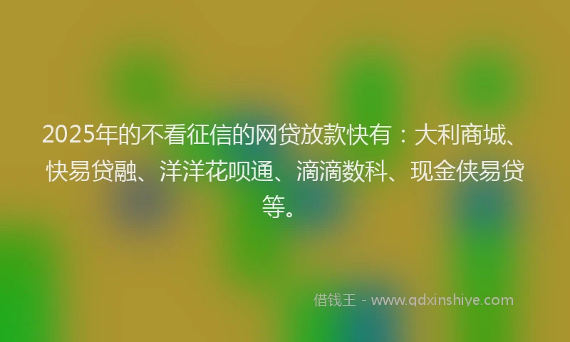 2025年的不看征信的网贷放款快有：大利商城、快易贷融、洋洋花呗通、滴滴数科、现金侠易贷等。