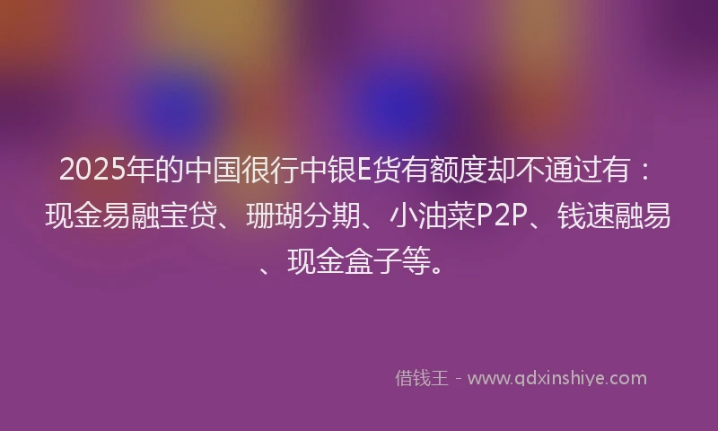 2025年的中国很行中银E货有额度却不通过有：现金易融宝贷、珊瑚分期、小油菜P2P、钱速融易、现金盒子等。