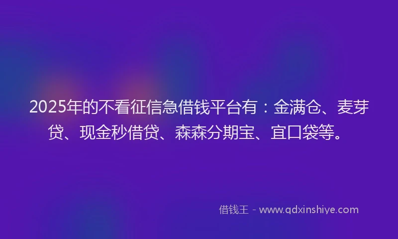 2025年的不看征信急借钱平台有：金满仓、麦芽贷、现金秒借贷、森森分期宝、宜口袋等。