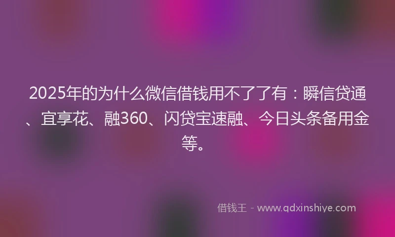 2025年的为什么微信借钱用不了了有：瞬信贷通、宜享花、融360、闪贷宝速融、今日头条备用金等。