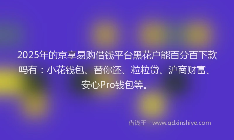 2025年的京享易购借钱平台黑花户能百分百下款吗有：小花钱包、替你还、粒粒贷、沪商财富、安心Pro钱包等。