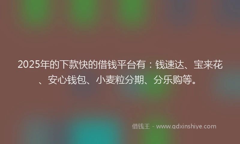2025年的下款快的借钱平台有：钱速达、宝来花、安心钱包、小麦粒分期、分乐购等。