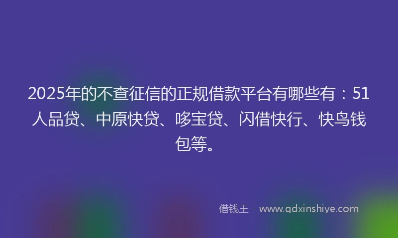 2025年的不查征信的正规借款平台有哪些有：51人品贷、中原快贷、哆宝贷、闪借快行、快鸟钱包等。